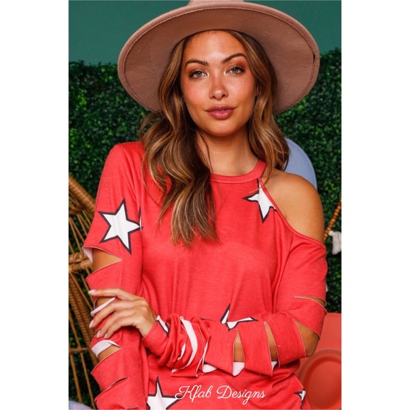 LAST 1! French Terry Star Print Red Cutout Laser Slashed Sleeve Top - Picture 6 of 9